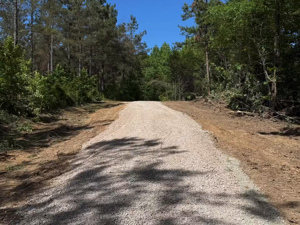 A new gravel drive running back through cleared woods.